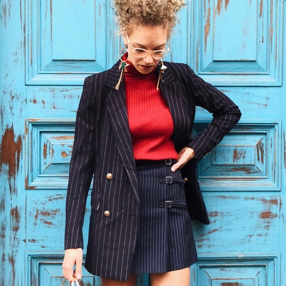 H&M NAVY PINSTRIPE BLAZER WITH GOLD HARDWARE - Picture 1 of 6